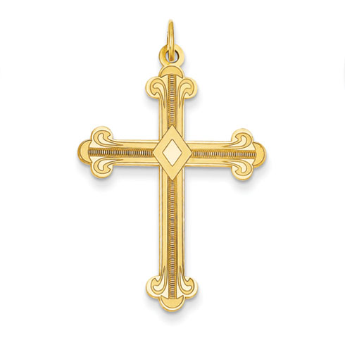 14kt Yellow Gold 1 1/4in Laser Etched Budded Cross