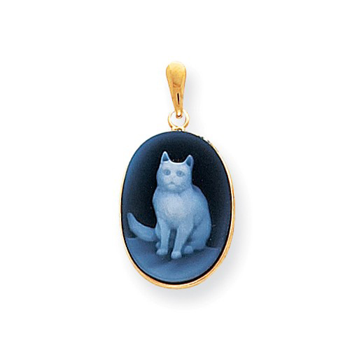 14kt Yellow Gold Blue Agate Sitting Cat Cameo 