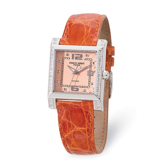 Charles Hubert Diamond Bezel Leather Peach Dial Watch No. 18310-P/CC