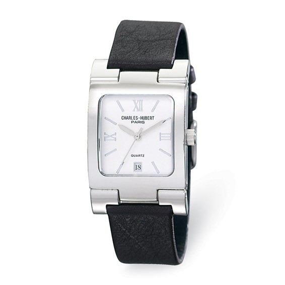 Mens Charles Hubert Leather Band Stainless Steel Off White Dial Watch