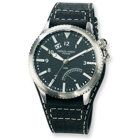 Charles Hubert Leather Stainless Steel Black Dial Watch 3741-B