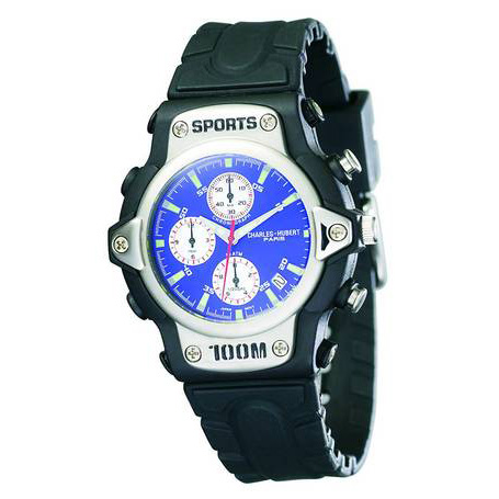 Mens Charles Hubert Rubber Band Blue Dial Sport Chrono Watch 3525-E