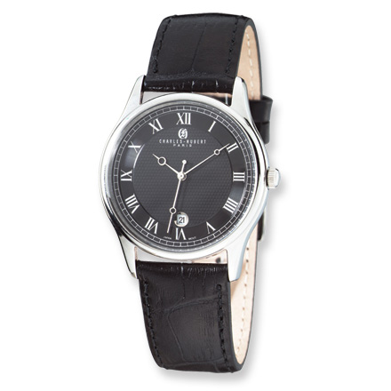 Charles Hubert Mens Stainless Steel Black Dial Watch Black Leather
