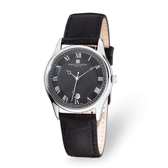 Charles Hubert Stainless Steel Black Dial Watch with Leather Strap