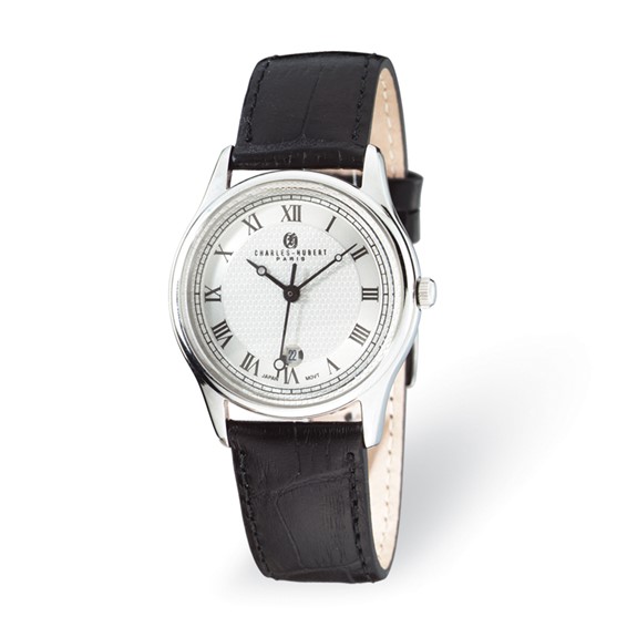 Ladies Charles Hubert Stainless Steel Leather Watch Silver White Dial