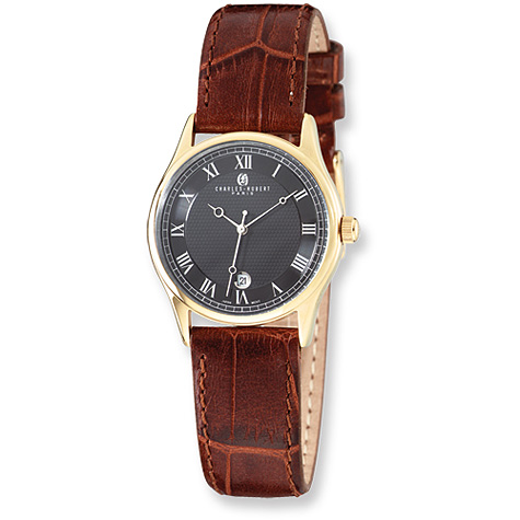 Charles Hubert Stainless Steel Brown Leather Watch Black Dial