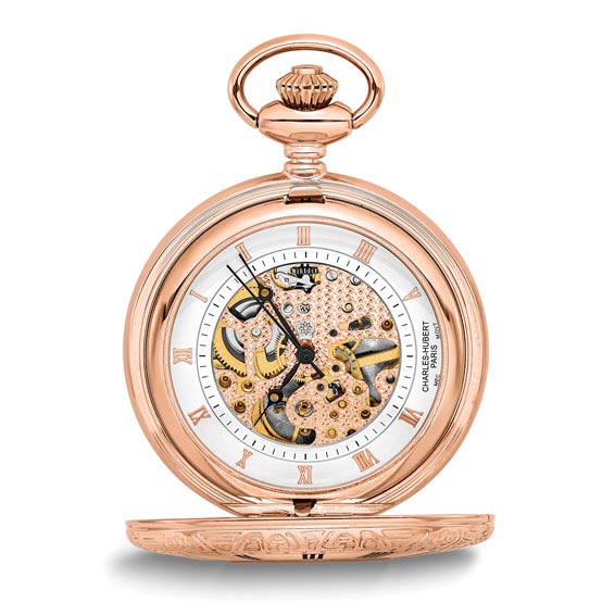 Charles Hubert Rose Gold-plated Brass Half Hunter Pocket Watch with Partial Skeleton