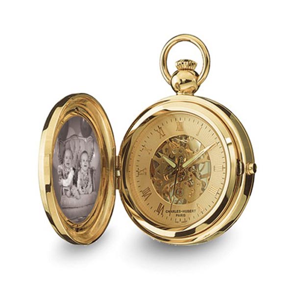 Charles Hubert Gold-plated Brass Pocket Watch with Two Photo Inserts