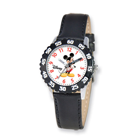 Disney Kids Mickey Mouse Time Teacher Watch with Black Leather Strap