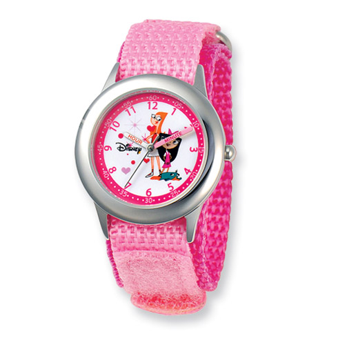 Disney Kids Phineas and Ferb Girls Pink Velcro Band Time Teacher Watch