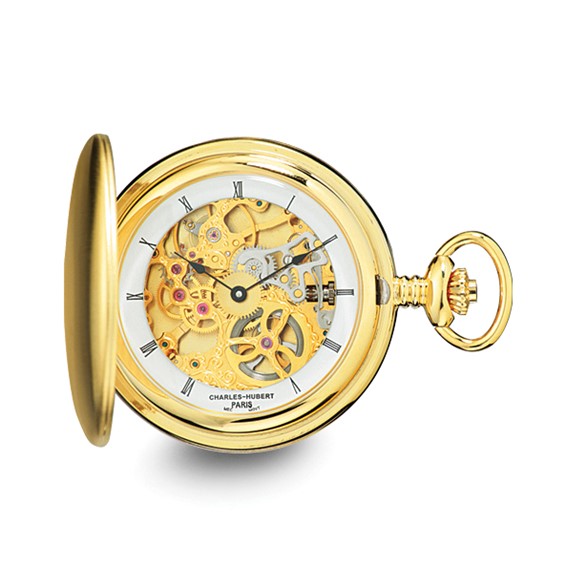 Charles Hubert Stainless Steel Skeletion Dial Pocket Watch