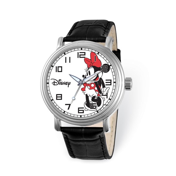 Large Black Leather Strap Minnie Mouse Watch