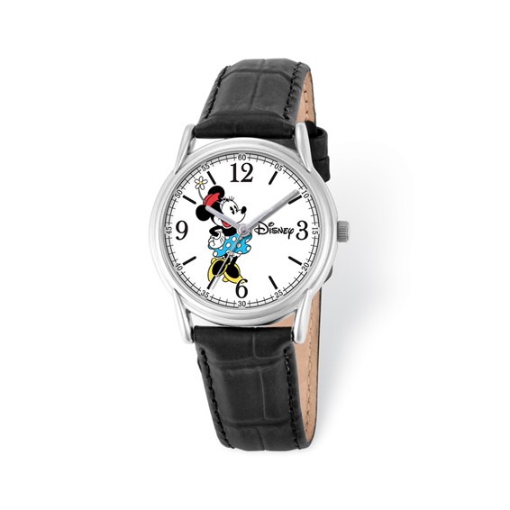 Black Leather Strap Minnie Mouse Watch