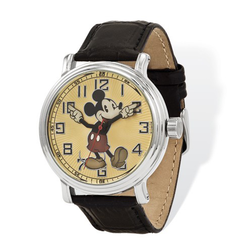Black Leather Strap 41mm Mickey Mouse Watch with Moving Arms