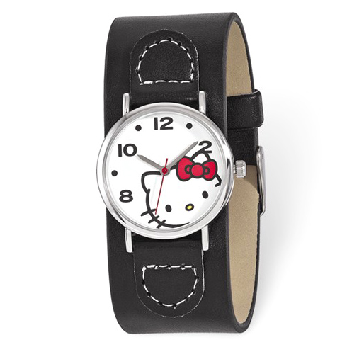 Hello Kitty Black Faux Leather White Dial Watch