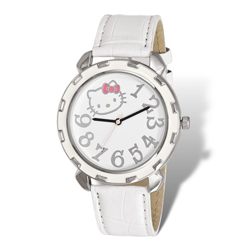 Hello Kitty Silver-tone White Enamel Leather Strap Watch
