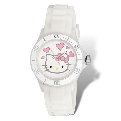 Hello Kitty White Acrylic Silicone Strap Watch with Hearts