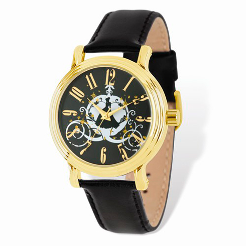 Cinderella Coach Gold-tone Leather Watch with Black Dial