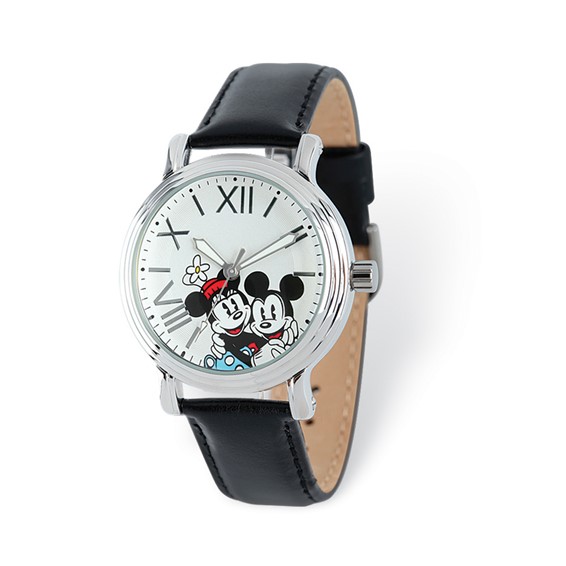 Mickey and Minnie Mouse Roman Numerals White Dial Leather Watch