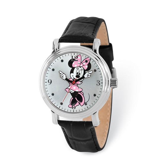Pink Minnie Mouse Moving Hands Black Leather Watch