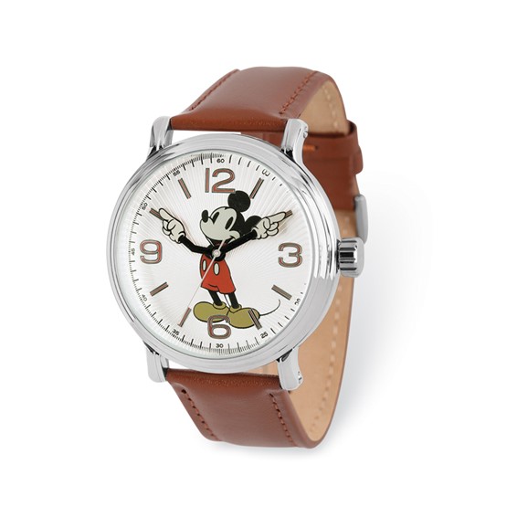 Brown Leather Strap Moving Arms Mickey Mouse Watch