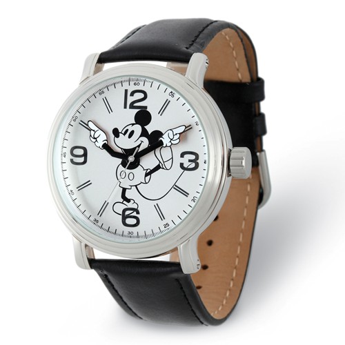 Mickey Mouse Large Watch with Moving Arms and Black Leather Strap