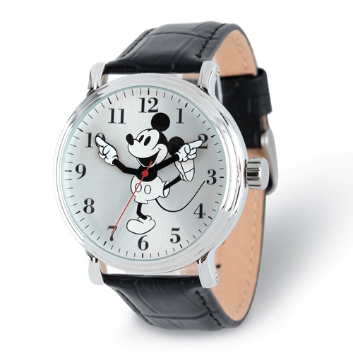 Mickey Mouse Moving Arms Large Black Leather Watch