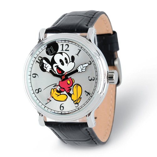 Mickey Mouse Moving Hands Large Black Leather Watch with Silver Dial