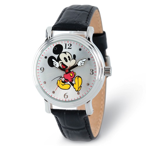 Mickey Mouse Leather Watch with Moving Arms and Silver Dial