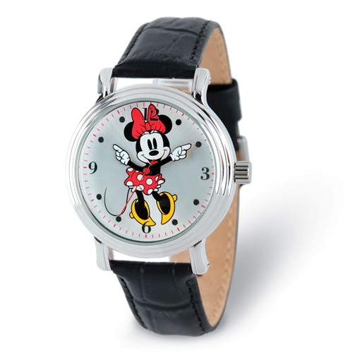 Minnie Mouse Leather Watch with Moving Arms and Silver Dial