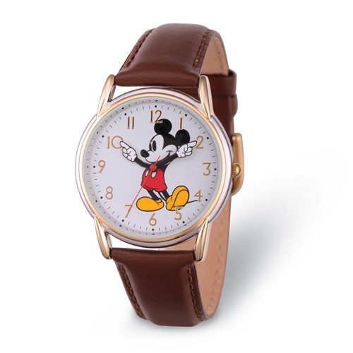 Mickey Mouse Moving Arms Small Silver-Tone Brown Leather Watch