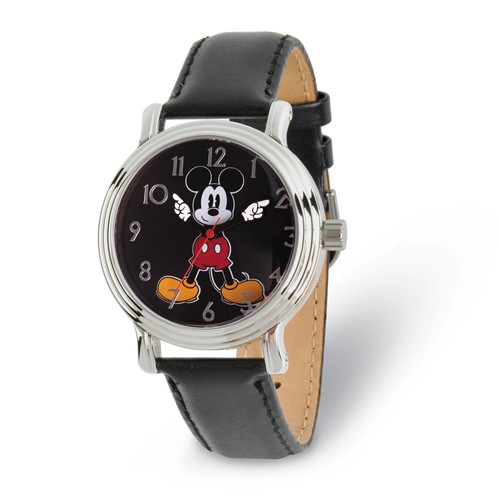 Mickey Mouse Moving Hands Black Leather Watch with Black Dial