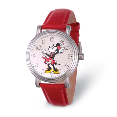 Minnie Mouse Moving Hands Watch with Red Leather Strap Pink Dial