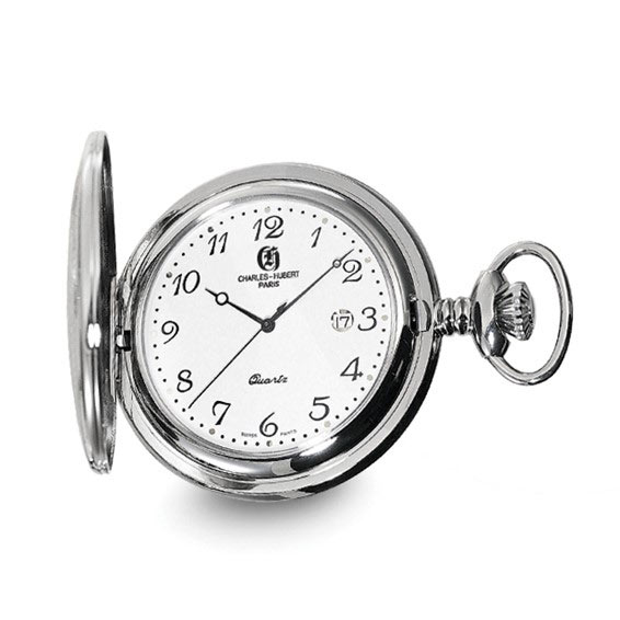 Charles Hubert Stainless Steel Pocket Watch with Date White Dial