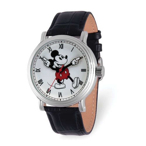 Black Leather Mickey Mouse Watch with Roman Numerals