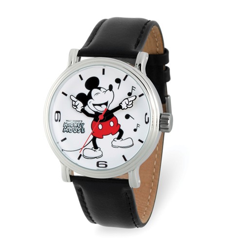 Black Leather Laughing Mickey Mouse Watch 44mm