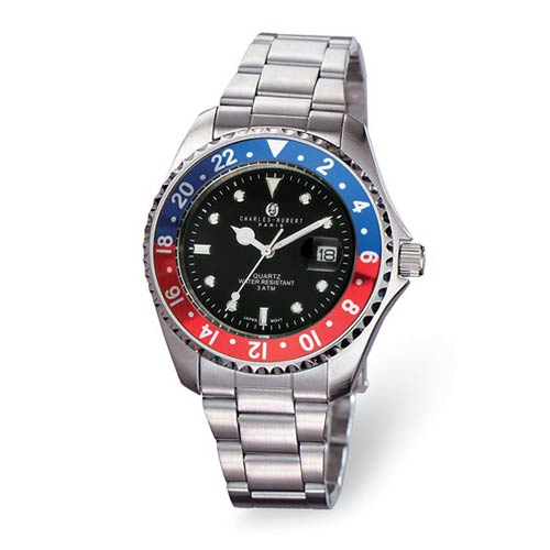 Charles Hubert Stainless Steel Black Dial Watch Red and Blue Bezel
