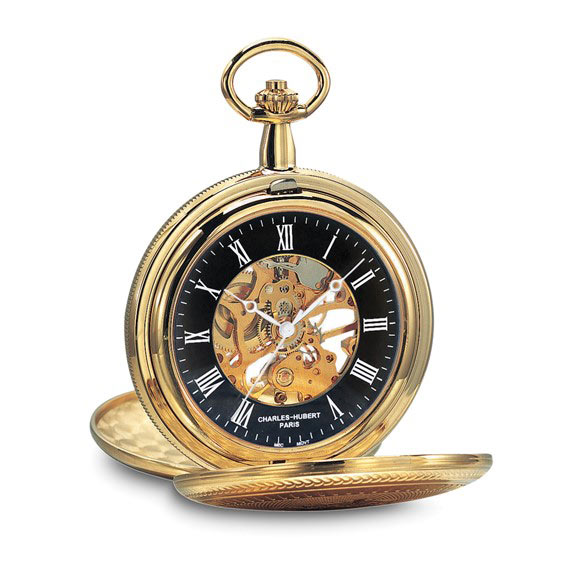 Charles Hubert Mechanical Black Dial Pocket Watch Double Hunter and Roman Numerals 