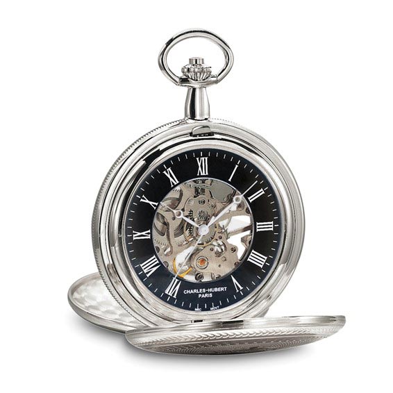 Charles Hubert Gold-plated Mechanical Black Dial Pocket Watch Double Hunter and Roman Numerals 