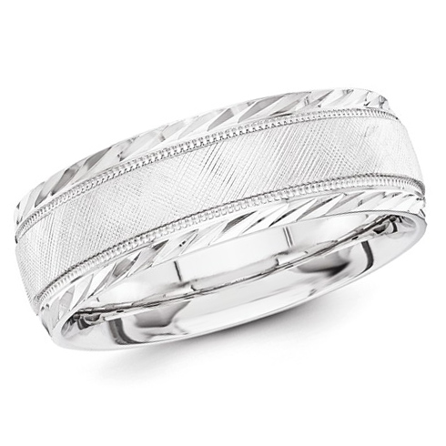 14kt White Gold 7mm Milgrain Wedding Band with Rippled Edges