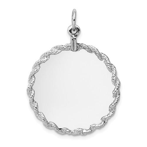 14k White Gold Engravable Round Disc Pendant with Rope Border 1in