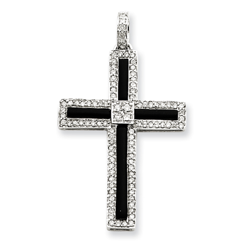 14k White Gold 1/3 ct tw Diamond & Onyx Cross Pendant 1 1/2in