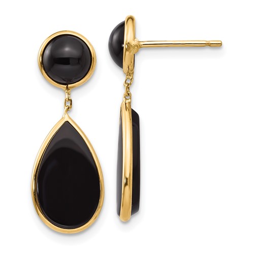 14k Yellow Gold Black Onyx Round and Teardrop Dangle Earrings