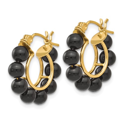 14k Yellow Gold Onyx Bead Hoop Earrings 3/4in XY827 | Joy Jewelers