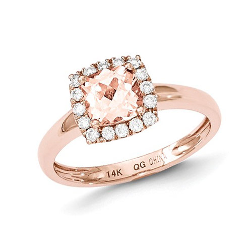 14k Rose Gold .9 ct Cushion Morganite Ring with .17 ct Diamond Accents