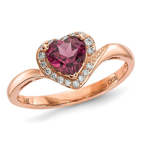 14k Rose Gold 1 ct Rhodolite Garnet Diamond Heart Ring