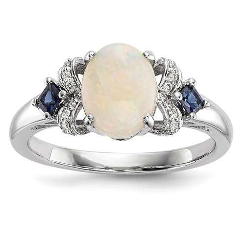 14kt White Gold Austrian Opal Ring with Blue Sapphires and Diamonds