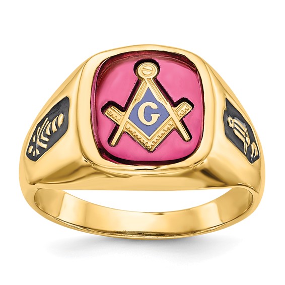 Oblong Blue Lodge Ring with Red Stone - 14k Gold