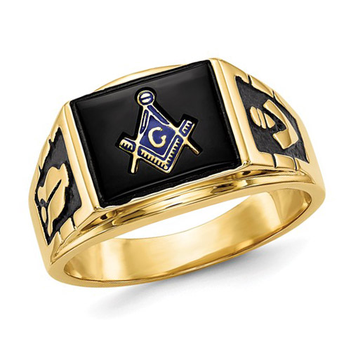 Rectangular Masonic Ring with Black Stone 14k Yellow Gold