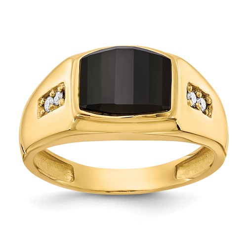 14k Yellow Gold Barrel Cut Black Onyx Ring with Diamond Accents